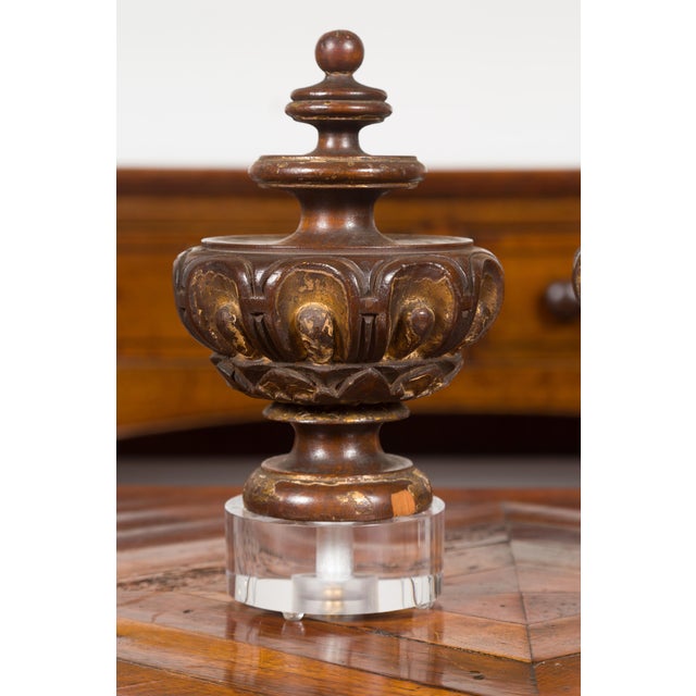 Italian Pair of Italian 1800s Walnut Fragments Carved in the Front, with Lucite Bases For Sale - Image 3 of 8