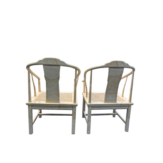 Paint Vintage Henredon Asian Style Faux Goatskin Laquer Side of Accent Chairs a Pair For Sale - Image 7 of 9