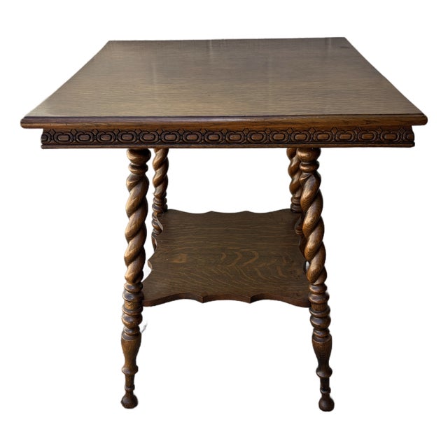 Antique Victorian or Jacobean Revival Barley Twist Side Table With Lower Shelf For Sale