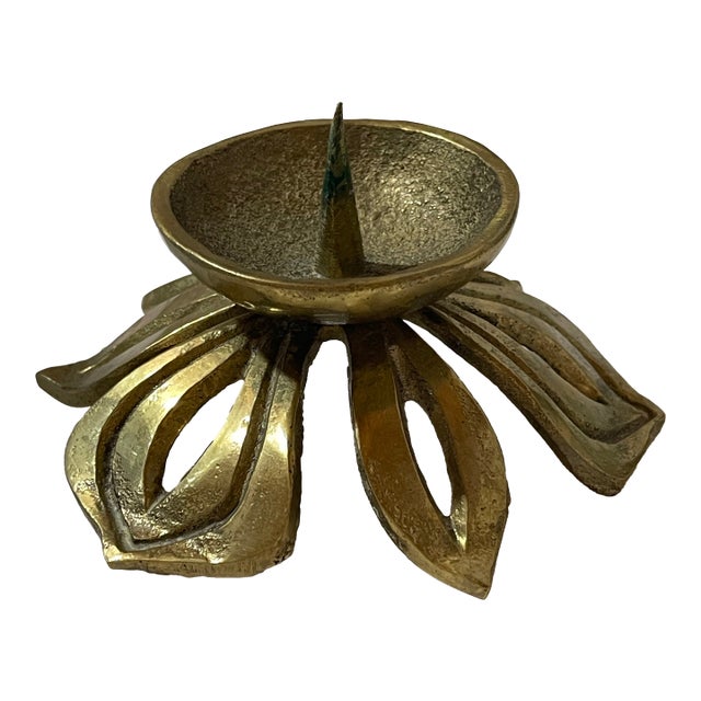 Brutalist Brass Flower Candle Holder For Sale