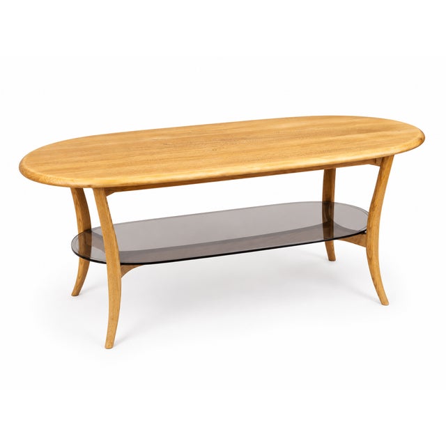 Mid-Century Blonde Oval Coffee Table Smoked Glass from Ercol, 1970s For Sale - Image 11 of 11