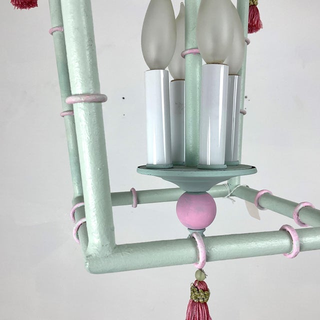Light Green 1960s Painted Metal Pagoda Lantern With Silk Tassels For Sale - Image 8 of 8