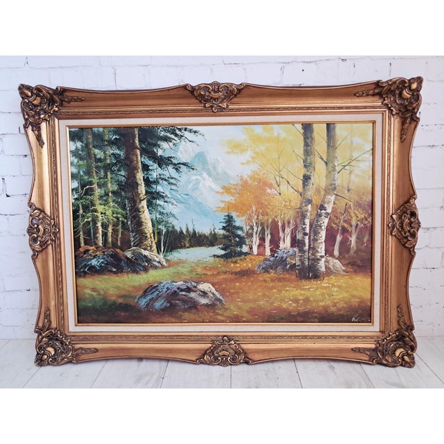 Large Vintage Woodland River Mountain Landscape, Oil Painting on Canvas, Gold Frame, Signed, 1980s For Sale - Image 4 of 18