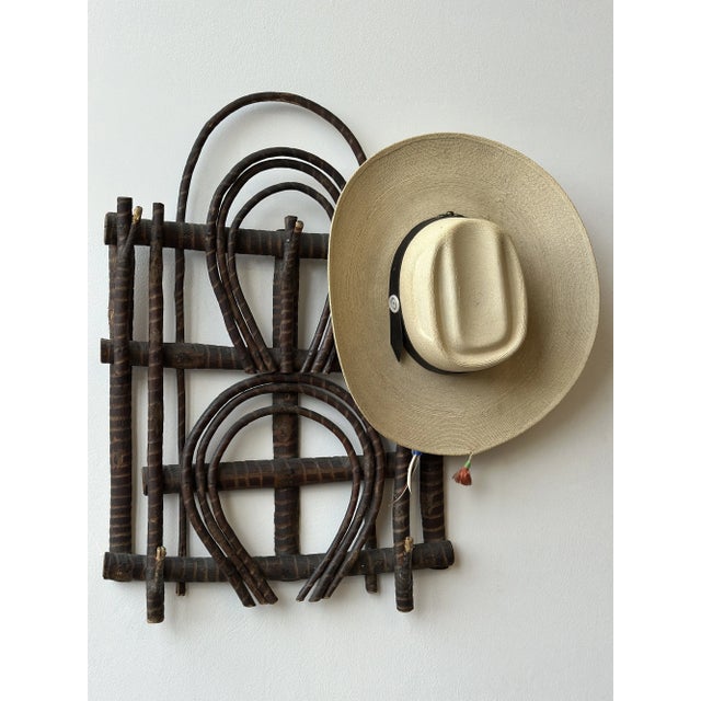 Farmhouse Antique Adirondack Twig Wall Rack With Carved Stripe Detailing, Circa 1940s-50s For Sale - Image 3 of 16