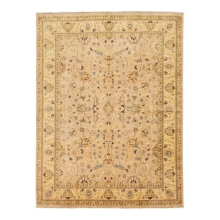 Beige Handmade Modern Oushak Wool Rug With Floral Motif For Sale