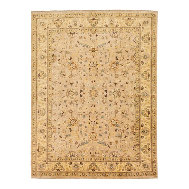 Beige Handmade Modern Oushak Wool Rug With Floral Motif For Sale