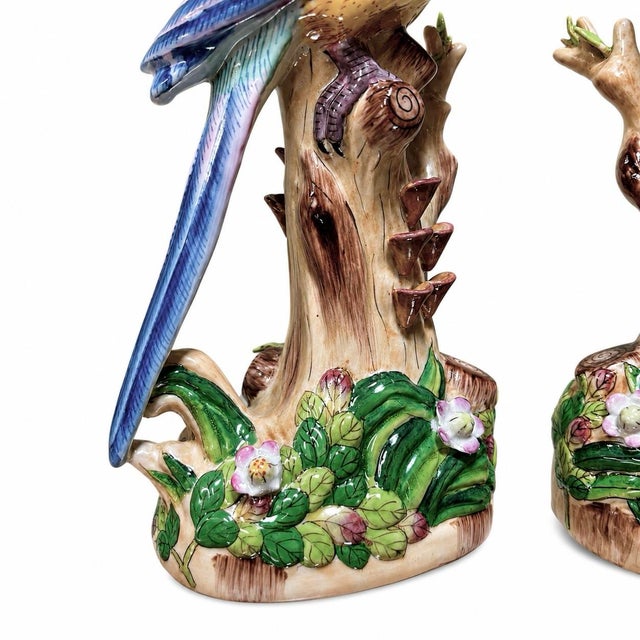 Pair of Parrot Bird Figurines Table Sculptures - Hand Painting Chinese Porcelain Book Matching Set - Chelsea House Mottahedeh Style For Sale - Image 4 of 8