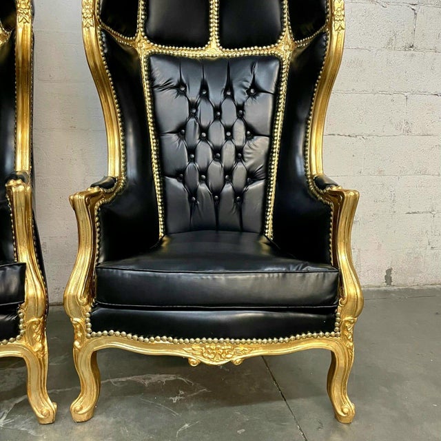 Balloon Chair French Style Black Leather High-Back Canopy Lacquer Chair Set of 2 For Sale - Image 4 of 9