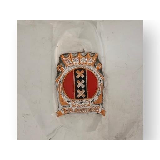 Mid 20th century Dutch souvenir beaker featuring a colorful enamel Amsterdam crest mounted to the front. The silver-toned...