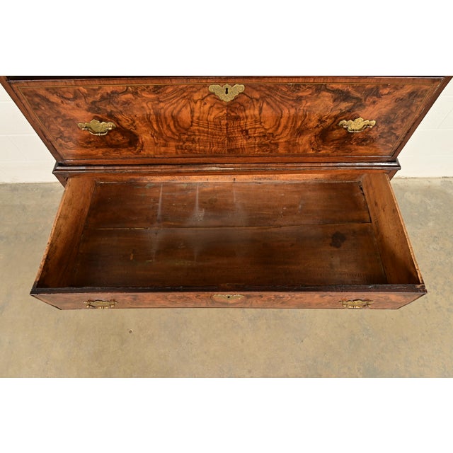 Wood 18th Century Antique English Chippendale Burled Walnut Highboy Dresser For Sale - Image 7 of 15