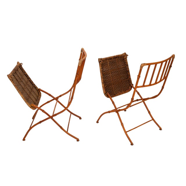 Mid Century Pair of French Iron Faux Bamboo & Wicker Folding Chairs - A Pair For Sale - Image 9 of 12