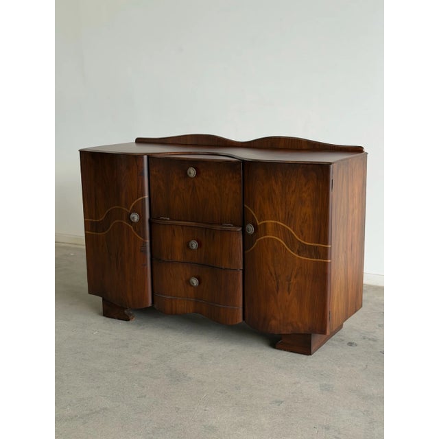 1940s Art Deco Curved Waterfall Sideboard With Inlaid Details For Sale In Los Angeles - Image 6 of 16