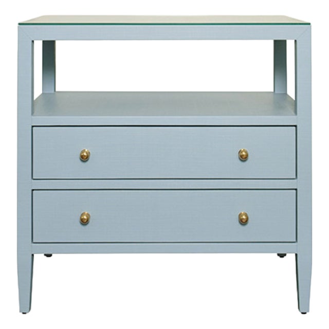Matthew Izzo Home Douglas Textured Light Blue Linen Two Drawer Side Table With Open Shelf and Polished Brass Knobs For Sale