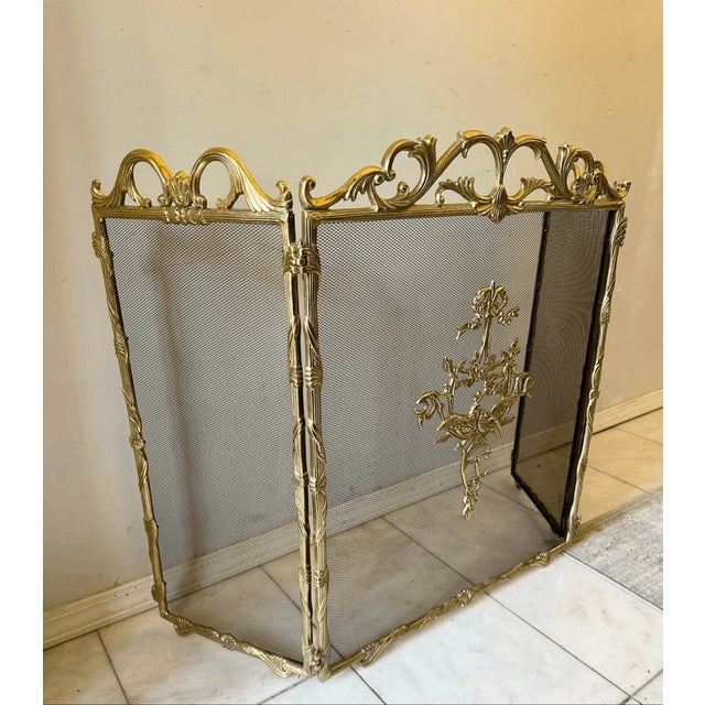 Metal Vintage French Provincial Style Bird & Flower Design Brass Fireplace Screen For Sale - Image 7 of 10