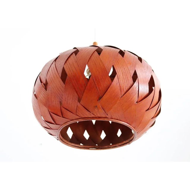 Brown Organic Modernist Natural Teak Wood Veneer and Wicker Pendant Lamp, 1960s For Sale - Image 8 of 18