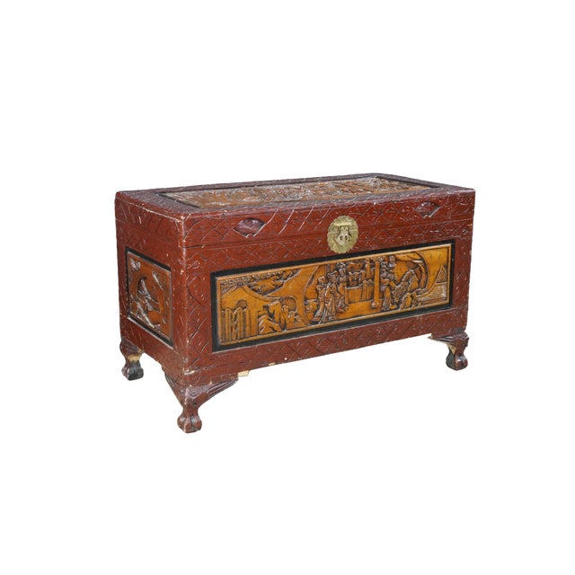 Mid 20th Century Chinese hand-carved Asian hope chest or coffee table. Intricately crafted from solid elm wood, showcasing...