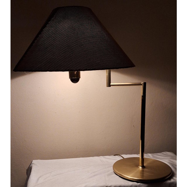 Vintage Brass Table Lamp with Handmade Faux Leather Swivel Shade, 1970s For Sale - Image 3 of 16