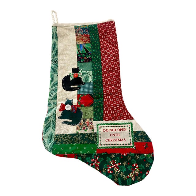 Vintage 1999 Signed "Lw" Primitive Folk Art Patchwork Christmas Stocking With Cat Applique Excellent Condition For Sale