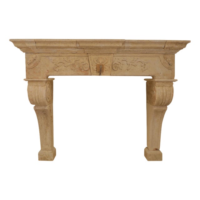 20th Century Carved Limestone Fireplace Mantle with Scrolled Corbels and Foliate For Sale