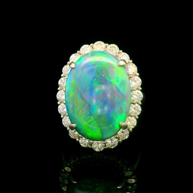 Contemporary 8.38 Carat Australian Black Opal Diamond Platinum Halo Ring, Size 6 For Sale - Image 3 of 5
