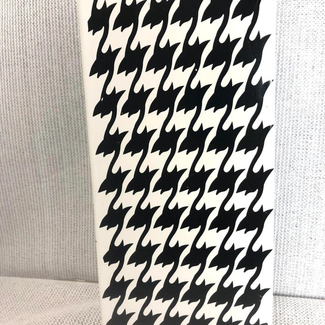 Wonderful white porcelain with a black houndstooth pattern. Rectangular body with original, square, pleated shade....