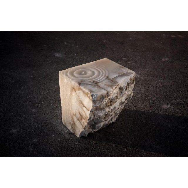 Aqua fossil drop sculpture side table in alabaster by amarist studio one of a kind dimensions: d 50 x w 50 x h 55 cm....
