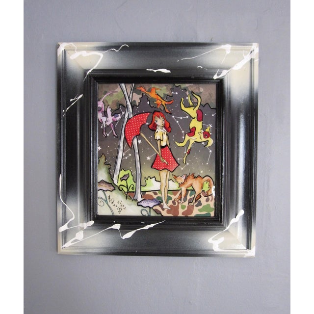 Raining Cats & Dogs by Louis Recchia | Mixed-media acrylic on plexiglas girl with an umbrella and animals For Sale