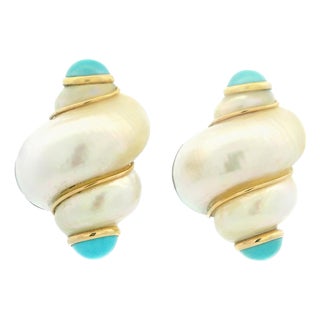 Vintage Maz Jumbo 14k Gold Shell and Turquoise Cabochon Earrings, A Pair For Sale