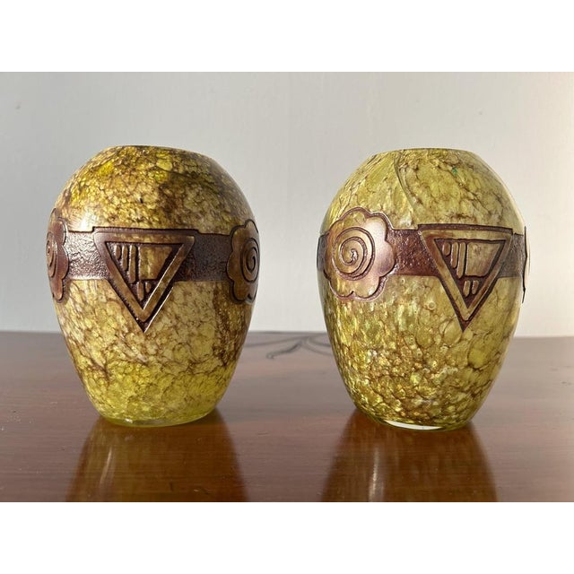 Art Deco - Pair of Glass Vases by Legras, 1920s Pair of ovoid glass vases with a clear glass outer layer and a green and...
