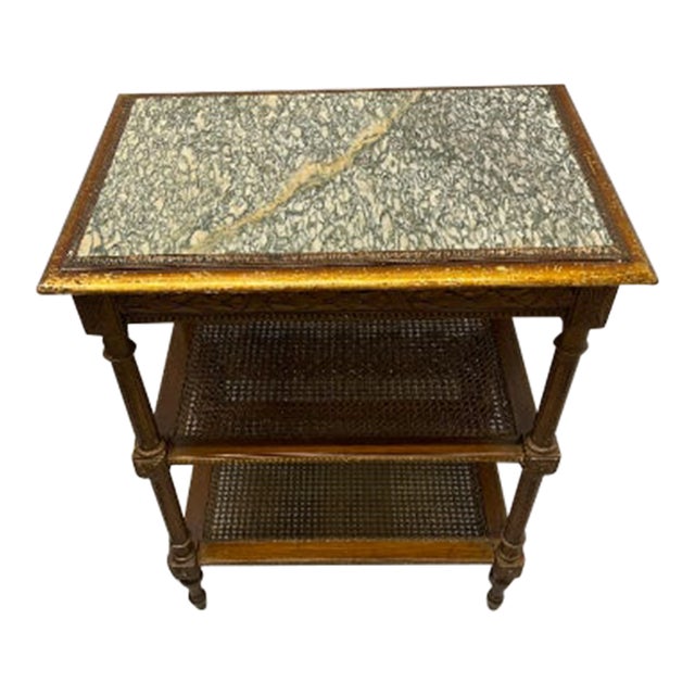 1920s Marble Top Side Table With Caned Shelves For Sale