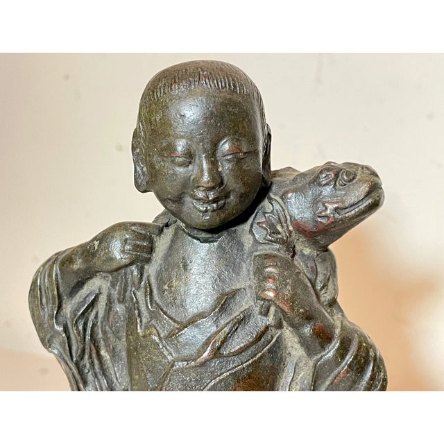 Chinese Rare Antique 18th Century Chinese Cast Bronze Figural Boy Fish Statue Sculpture For Sale - Image 3 of 18
