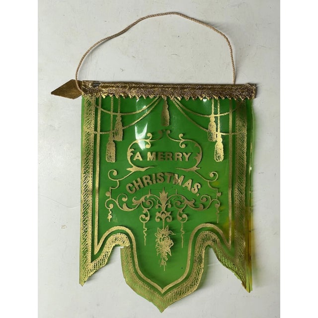 Rare Antique Victorian Merry Christmas Celluloid Green Banner Holiday Decor For Sale - Image 9 of 15