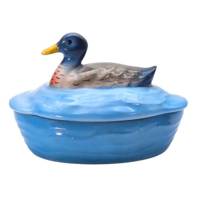 Mid-Century Czechoslovakian Blue Ceramic Duck Lidded Trinket Dish For Sale