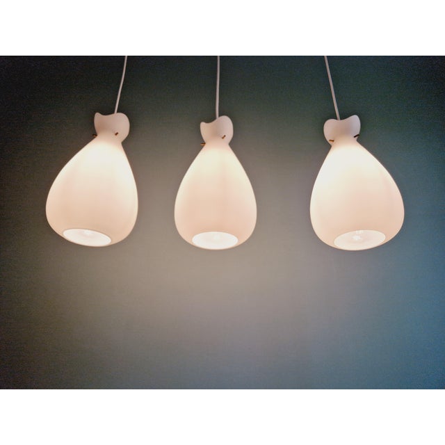 Scandinavian Pendant Lights in White Satin Glass and Brass, 1960s, Set of 3 For Sale - Image 6 of 18