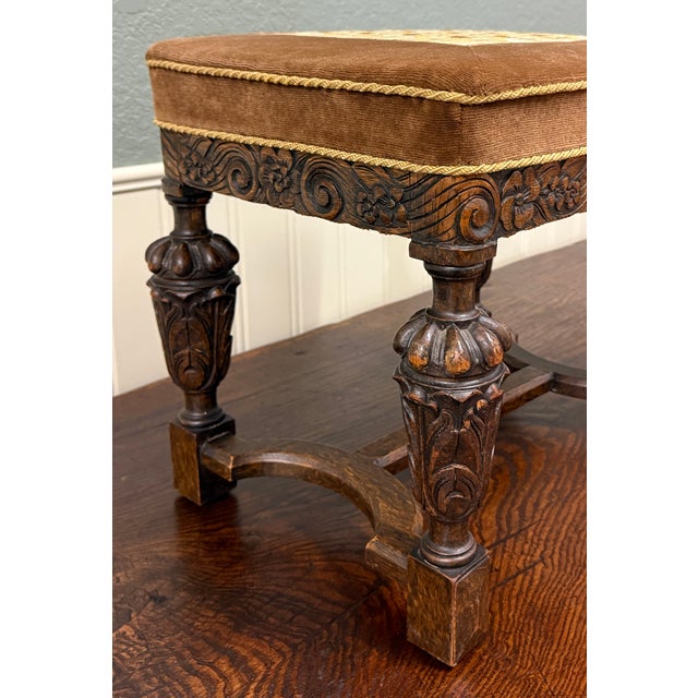 CHARMING Antique English Jacobean Carved Oak Upholstered Seat Joint Stool Footstool Bench c. 1930s Classic British flair...
