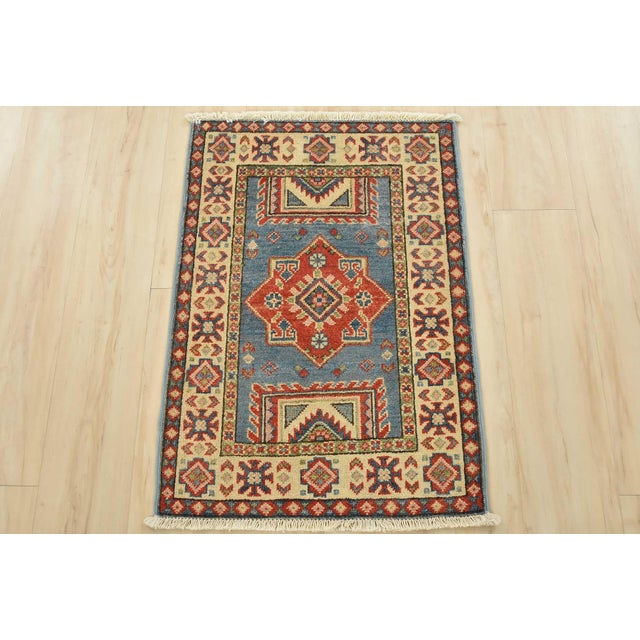 Farmhouse Kazak Rug 2’1” X 3′ Blue Wool Tribal Hand-Knotted Oriental Carpet For Sale - Image 3 of 9