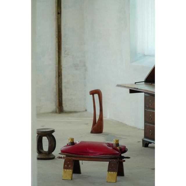 Moroccan Camel Saddle Stool in Stained Wood, Brass and Leather, North Africa, 1980 For Sale - Image 9 of 18