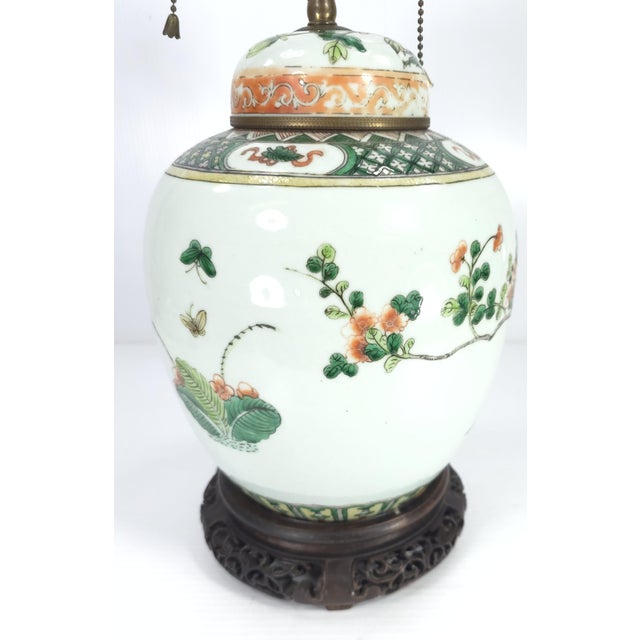 19th Century Chinese Famille Verte Porcelain Ginger Jar Lamp Converted to a Lamp With Hardstone Finial For Sale - Image 4 of 13