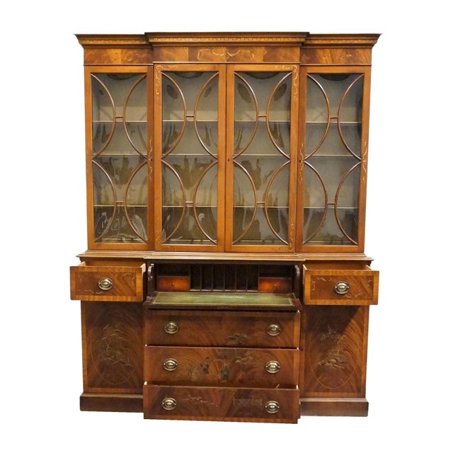 Saginaw Furniture Flame Mahogany Traditional Duncan Phyfe Style 66" Breakfront Secretary China Cabinet W. Bubble Glass For Sale - Image 9 of 16