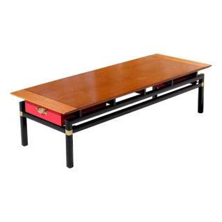 Mid-Century Modern Asian-Inspired Coffee Table by Michael Taylor Style for Baker – 1960s Red Drawer Butternut & Teak Accent Table For Sale
