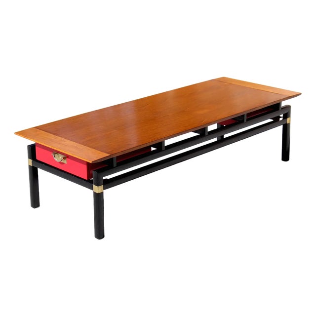 Mid-Century Modern Asian-Inspired Coffee Table by Michael Taylor Style for Baker – 1960s Red Drawer Butternut & Teak Accent Table For Sale