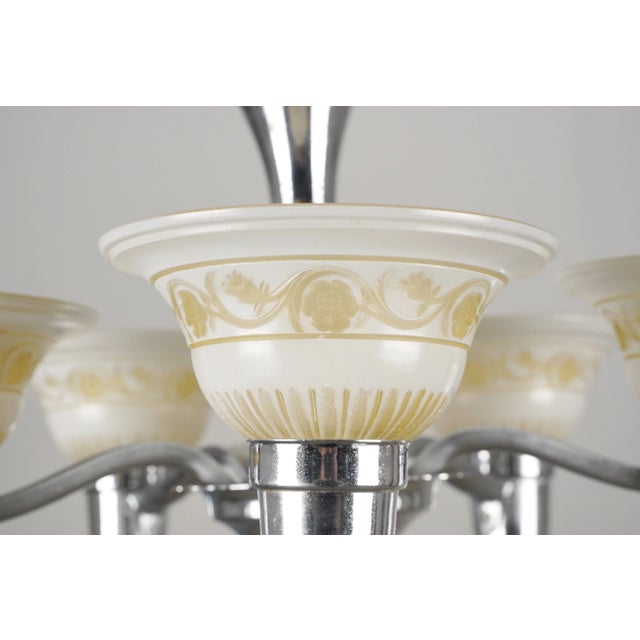 1930s Traditional 5 Light Nickel Shade Chandelier For Sale - Image 4 of 11