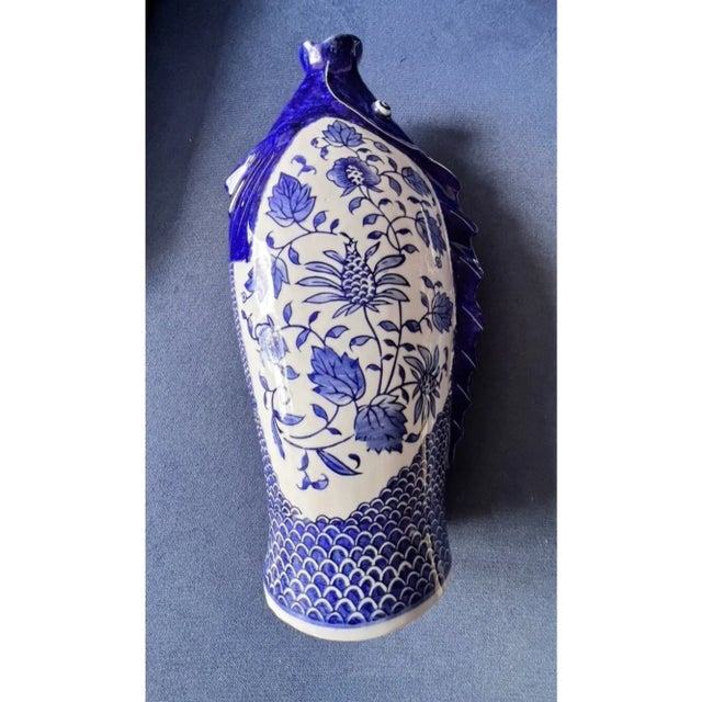 Chinoiserie Fish Vase Porcelain Blue White 17"h X 8"w Nautical Beach Ocean Sea For Sale - Image 4 of 11