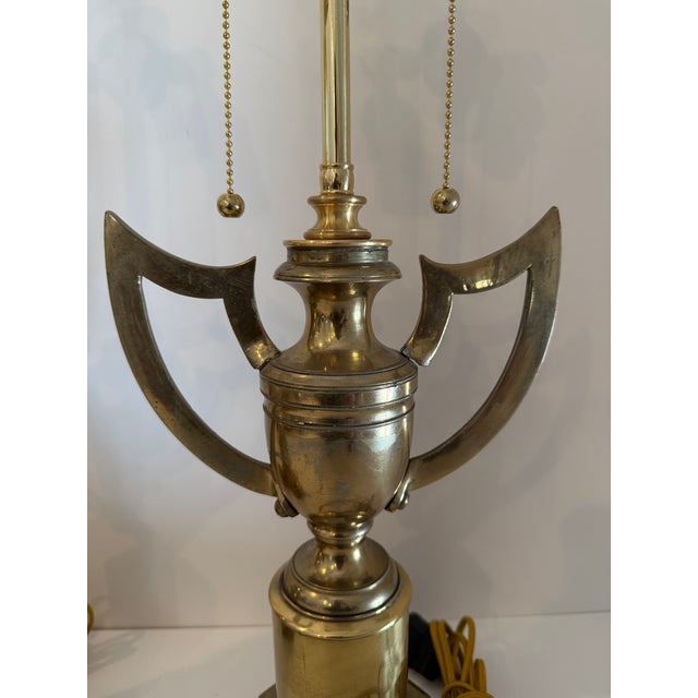 Pair of Vintage English Brass Trophy Form Winged Urn Lamps For Sale - Image 10 of 16