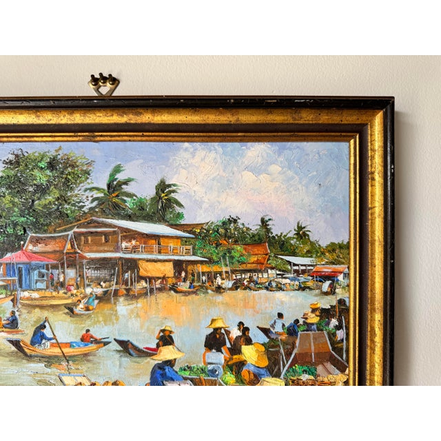 Wood 1970's Vintage Asian Floating Market Oil on Masonite Painting by Sam Ruey For Sale - Image 7 of 11