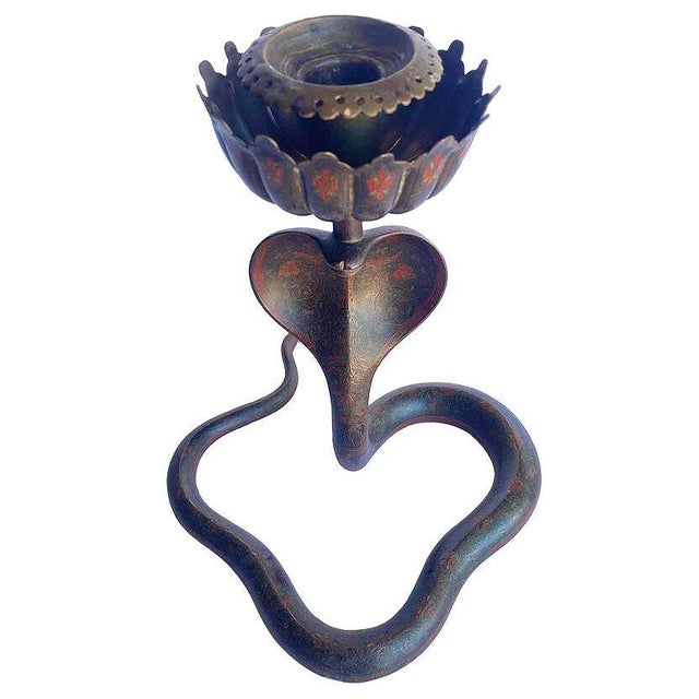 20th Century Hand Etched Persian Cobra Brass and Bronze Candle Holders, Pair For Sale In Los Angeles - Image 6 of 12