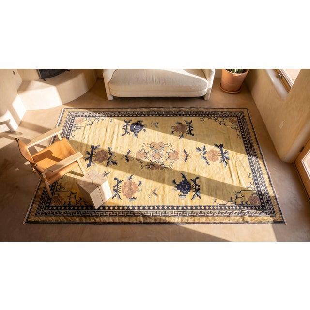 1920s Yellow Mustard Medallion Antique Chinese Khotan Rug 5' 4'' X 8' 0'' Knotted Pile Wool Carpet For Sale - Image 13 of 14