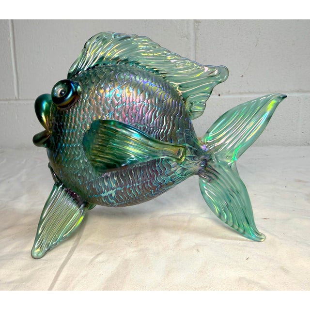 Vintage Hand Blown David Tate Studio Glass Iridescent Green Gold Fish Sculpture For Sale - Image 10 of 15