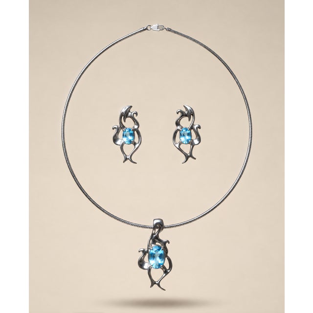In exception MCM Vintage Condition Brutalist Sterling Silver & Aquamarine Pendant Serpentine Nexklace & Earrings Set with...