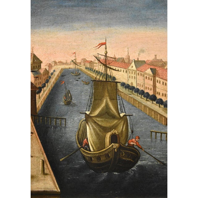 Venetian or Flemish School Artist, Rotterdam Palace of the Stock Exchange & Old Port, Oil on Canvas Paintings, Framed, Set of 2 For Sale - Image 11 of 18